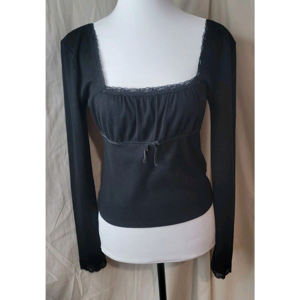 Y2K Forever 21 Womens Babydoll Large Black Henley Lacey Crop Shirt Square Neck